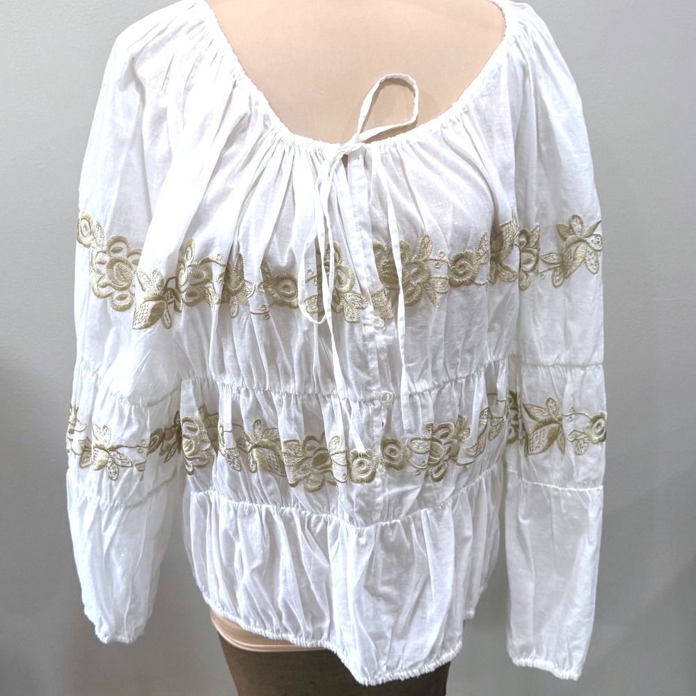 Boston Proper Boho Peasant Blouse Medium White Embroidered Cottagecore Romantic
